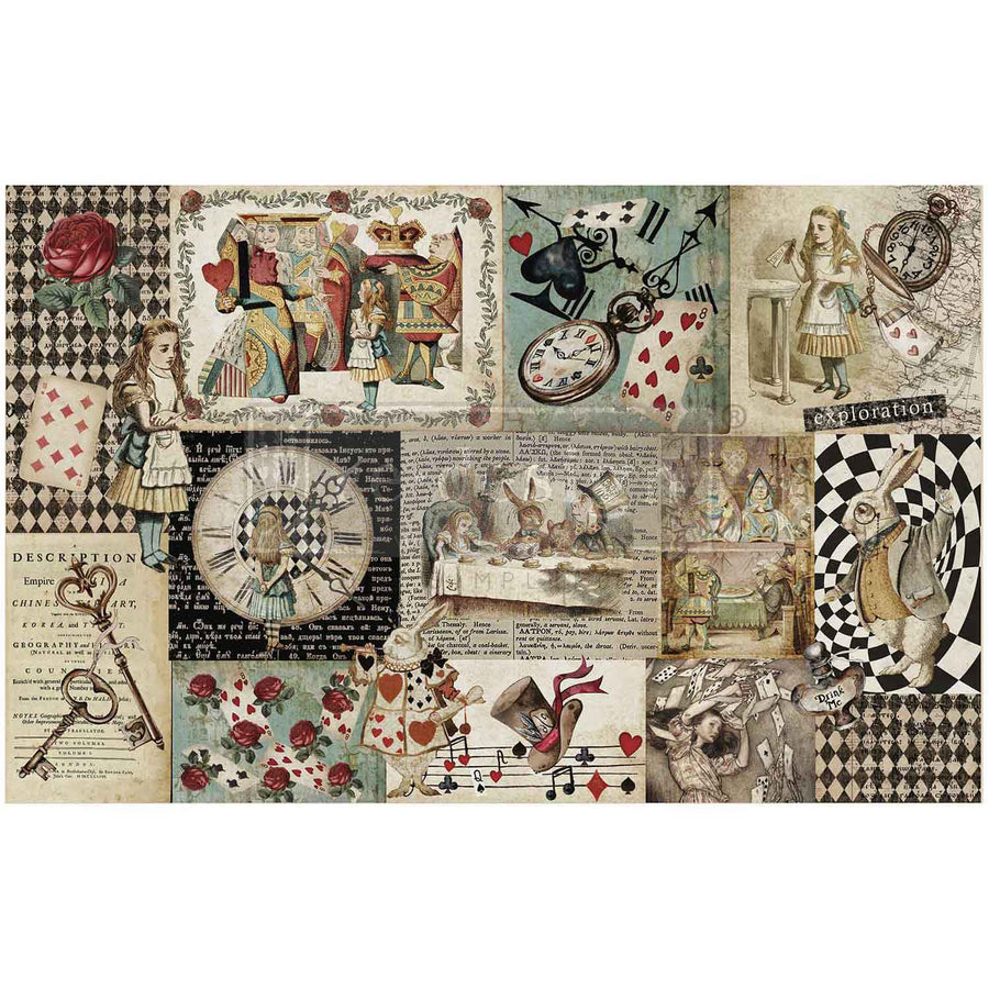Curious Journey decoupage paper full sheet featuring Alice in Wonderland illustrations, clocks, playing cards, and whimsical collage elements.