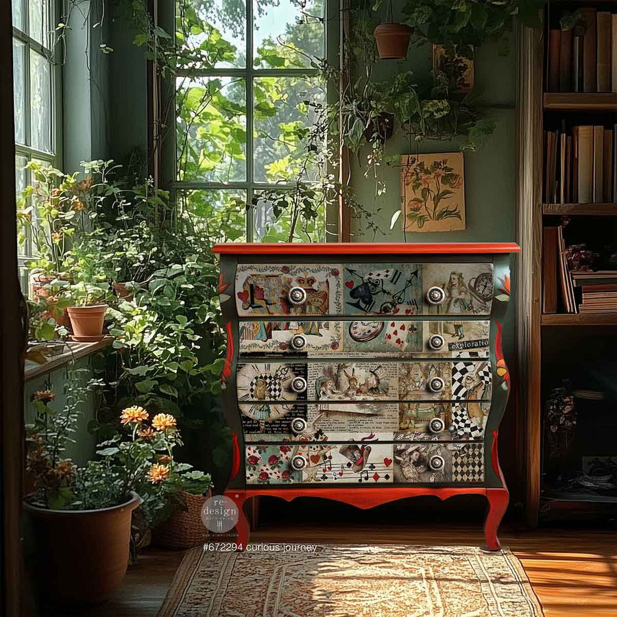Eclectic sunroom setting with whimsical dresser featuring Curious Journey decoupage paper, styled with Alice in Wonderland designs
