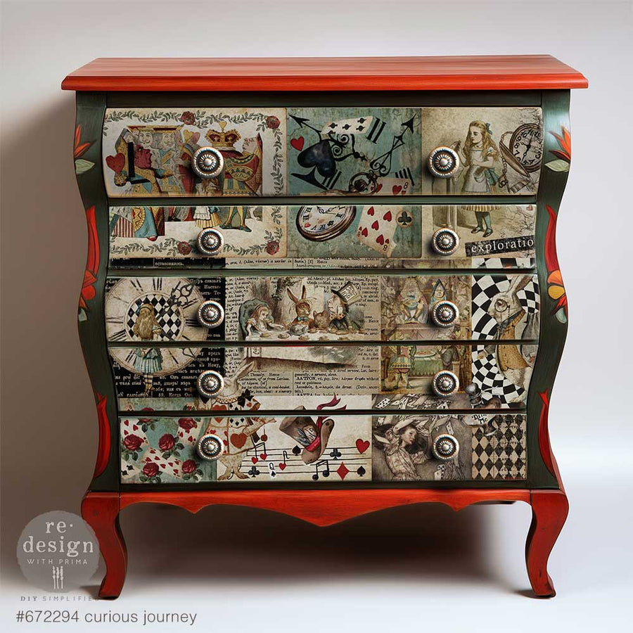 Whimsical dresser with red trim featuring Curious Journey decoupage paper, Alice in Wonderland theme by Redesign with Prima.