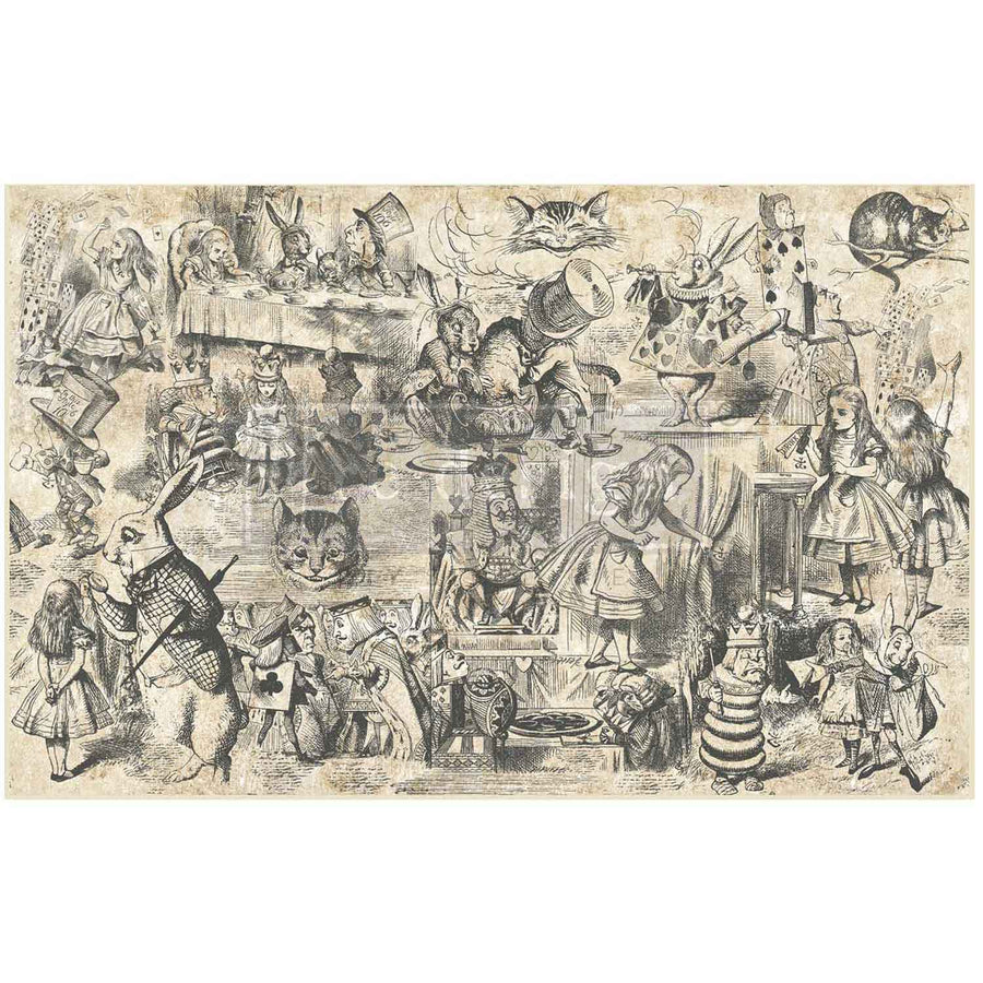 Dreaming in Wonderland decoupage tissue with vintage-style black illustrations from Alice in Wonderland on a sepia-toned background.