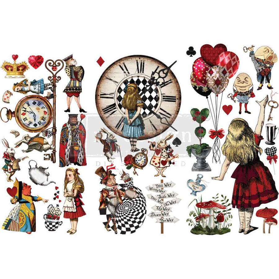 Redesign with Prima Enchanted Fantasy decor transfer – sheet 1 with Alice, Mad Hatter, clockface, and White Rabbit motifs.