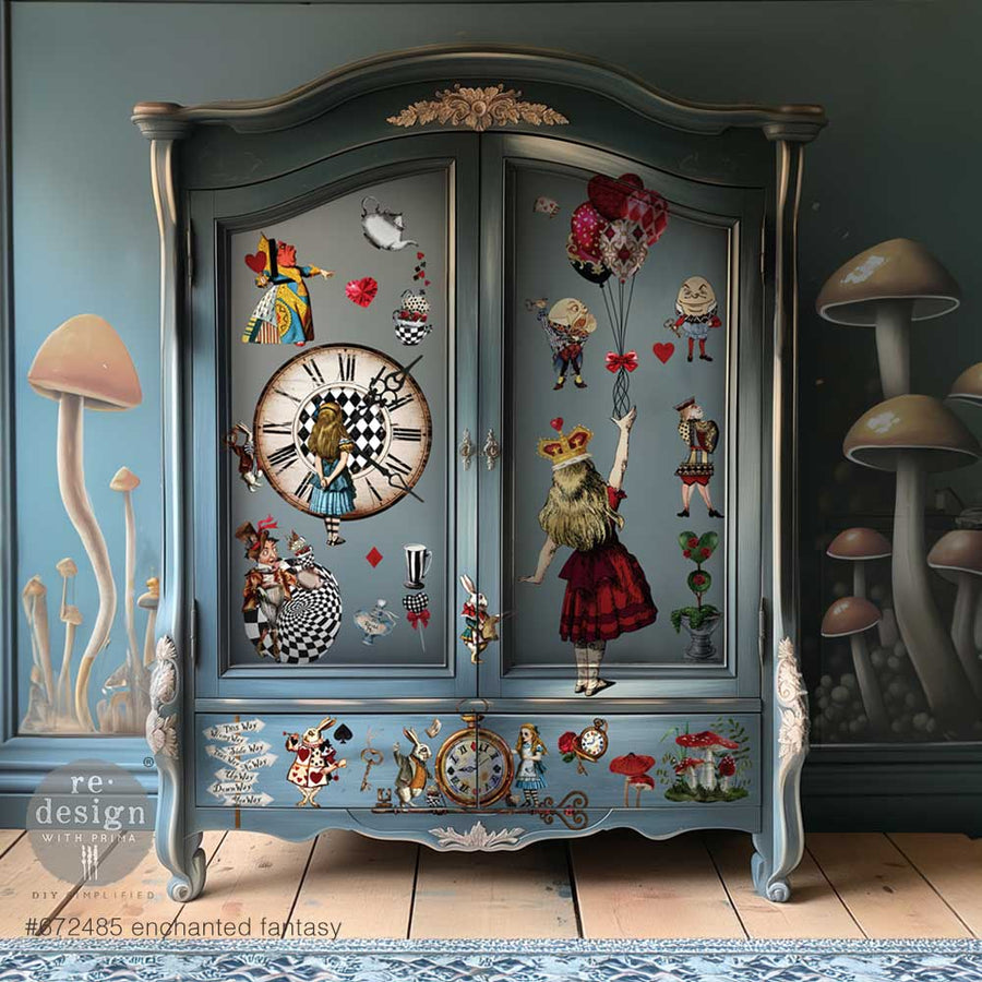 Blue vintage armoire covered in Alice in Wonderland decor transfers – whimsical mushroom mural background, full fairy tale fantasy theme.