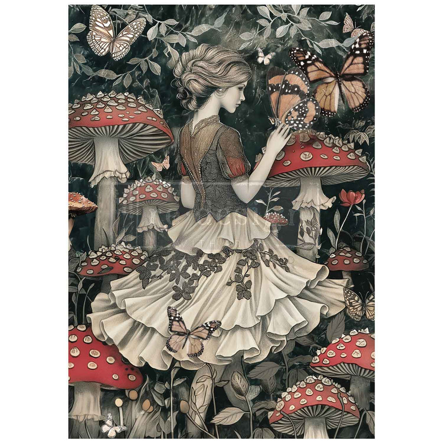 Full sheet of Enigmatic Realm decoupage paper featuring a dreamy woman in a ruffled dress surrounded by red mushrooms, butterflies, and dark foliage.

