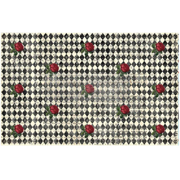 Queen’s Court of Roses decoupage tissue featuring a black and cream harlequin pattern, vintage text, and scattered red roses.