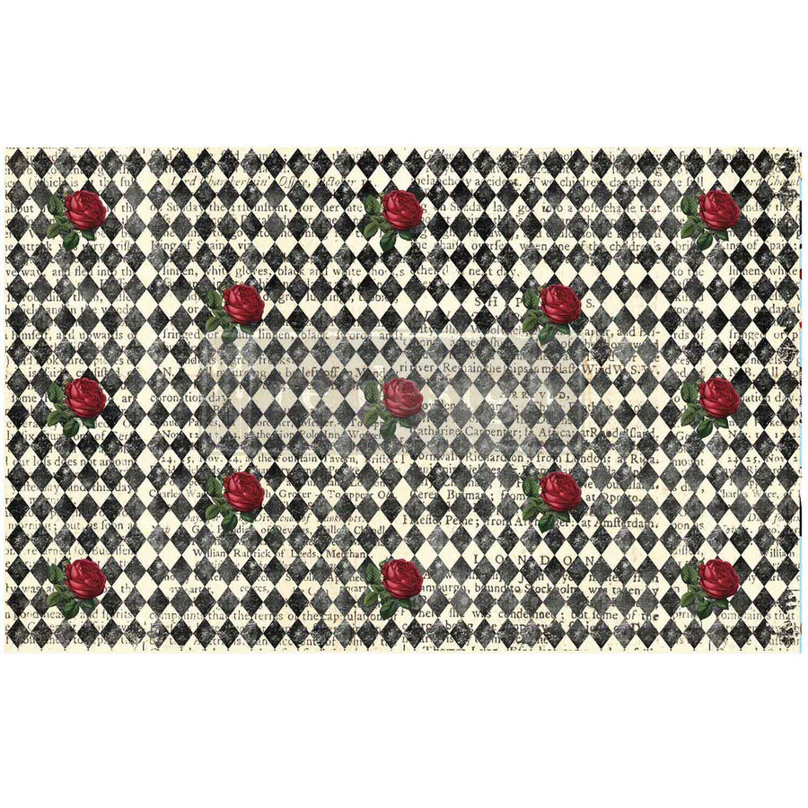Queen’s Court of Roses decoupage tissue featuring a black and cream harlequin pattern, vintage text, and scattered red roses.
