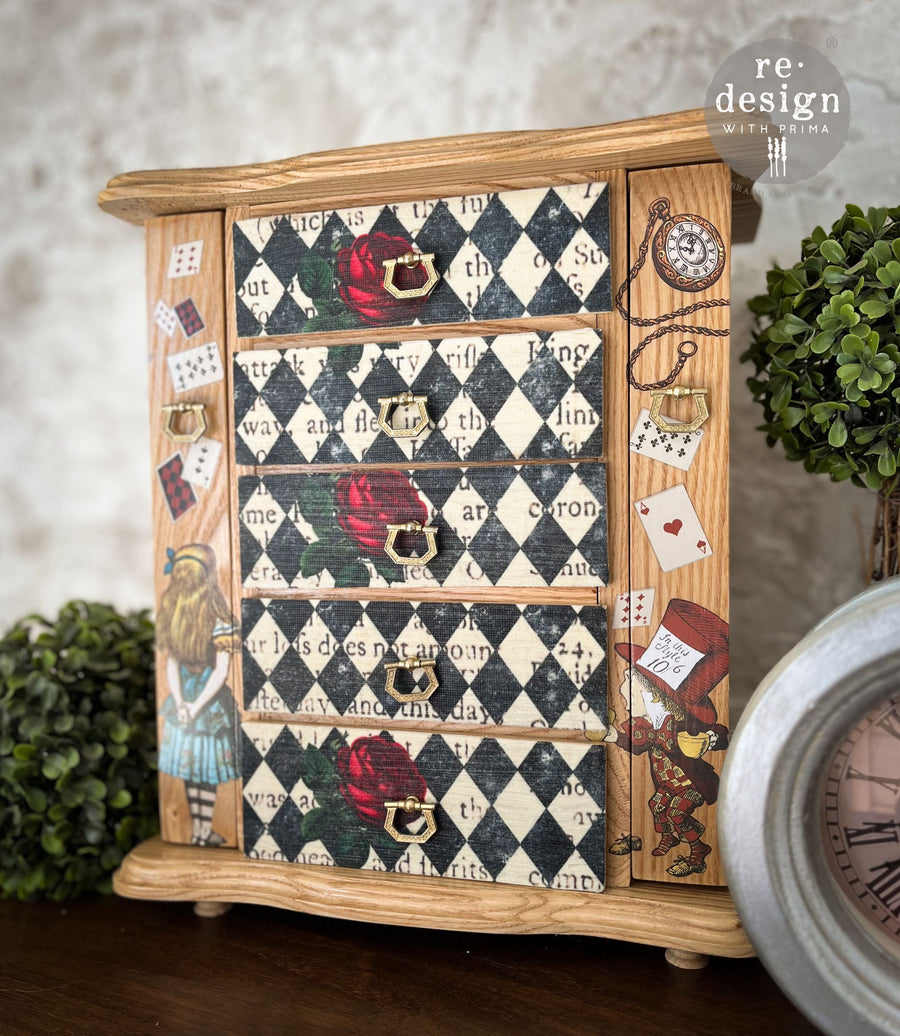 Mini jewelry cabinet decorated with Queen’s Court of Roses tissue paper and hand-painted Alice in Wonderland characters and playing cards.