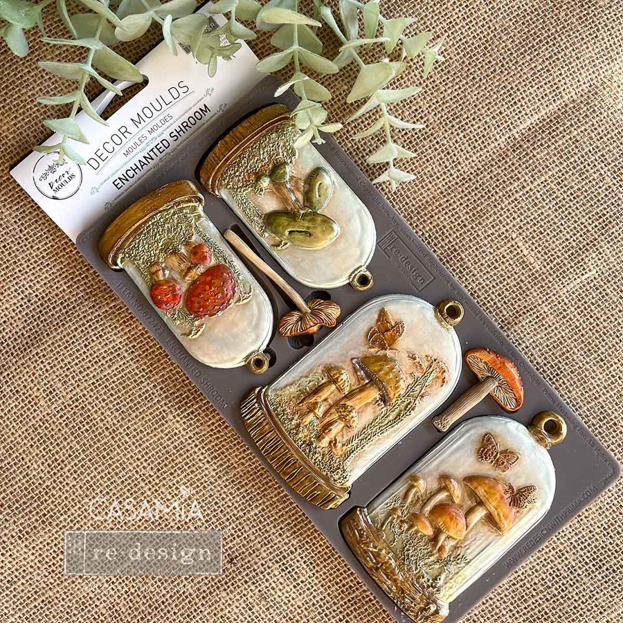 Close-up of Enchanted Shroom mould by Redesign with Prima – intricate mushroom scenes inside decorative domes for resin, clay, or fondant.