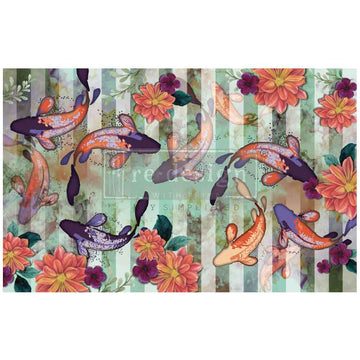 Siamese Splendor decoupage tissue paper featuring koi fish and vibrant florals on a striped watercolor background.