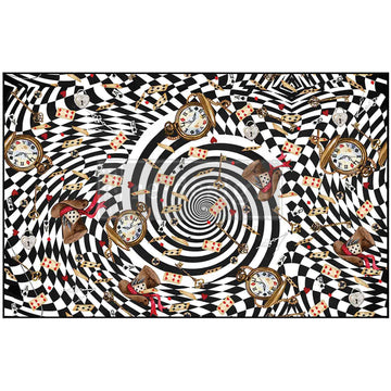 Decoupage tissue paper featuring a hypnotic black-and-white spiral pattern with vintage clocks, teacups, top hats, and playing cards swirling in chaos. Wonderland-inspired.