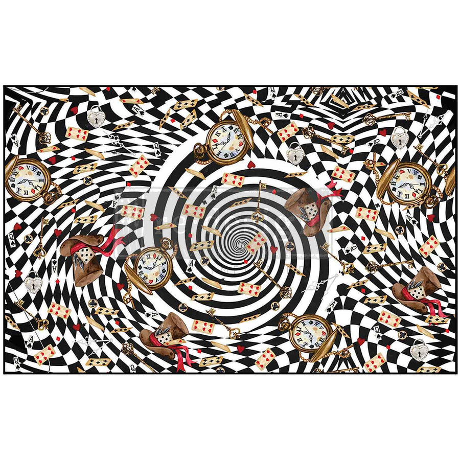 Decoupage tissue paper featuring a hypnotic black-and-white spiral pattern with vintage clocks, teacups, top hats, and playing cards swirling in chaos. Wonderland-inspired.