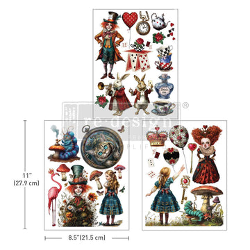 Redesign with Prima Whimsical Realm transfer set – 3 sheets featuring Alice in Wonderland illustrations including Alice, Mad Hatter, and Queen of Hearts.