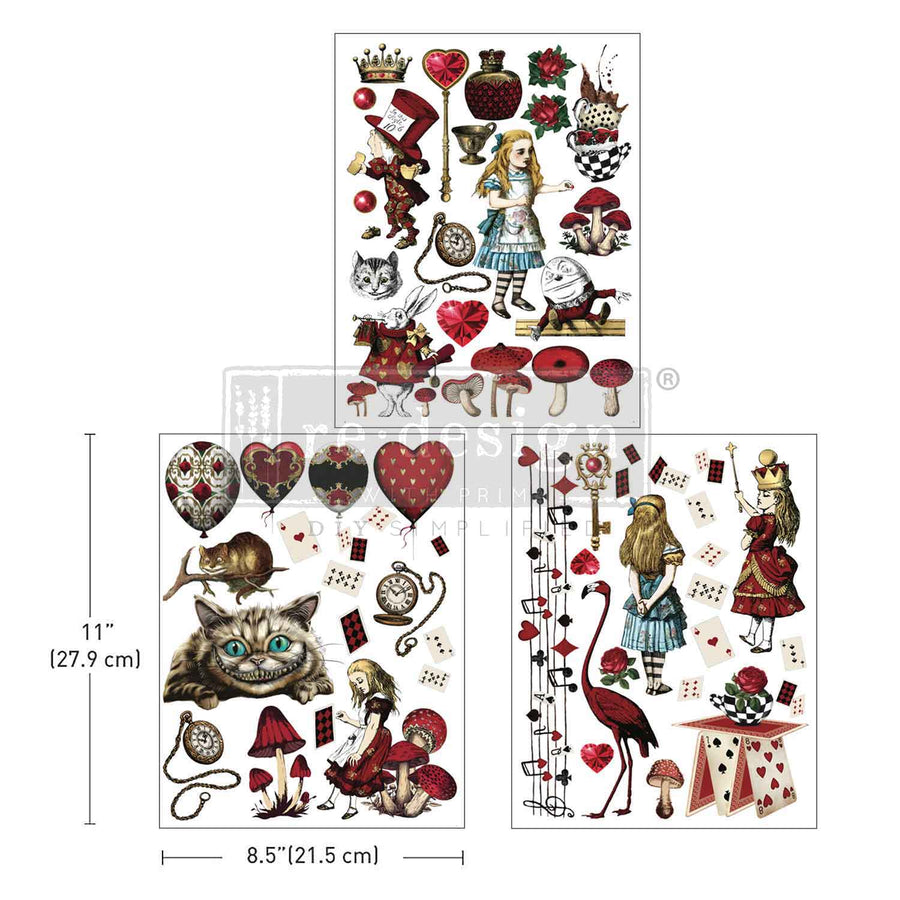Redesign with Prima Royal Heart middy decor transfer set – 3 sheets featuring Alice in Wonderland designs with the Queen of Hearts, mushrooms, clocks, and playing cards.