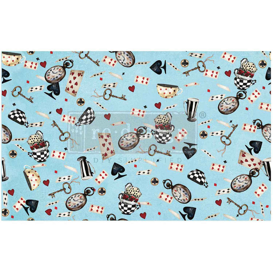 Playful Alice in Wonderland-inspired tissue paper with a pale blue background, scattered clocks, teacups, keys, and playing cards.