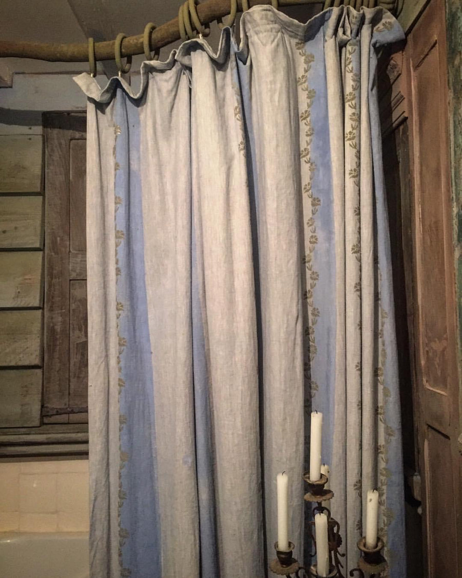 Annie Sloan® Louis Blue Chalk Paint® and Olive Stenciled shower curtain