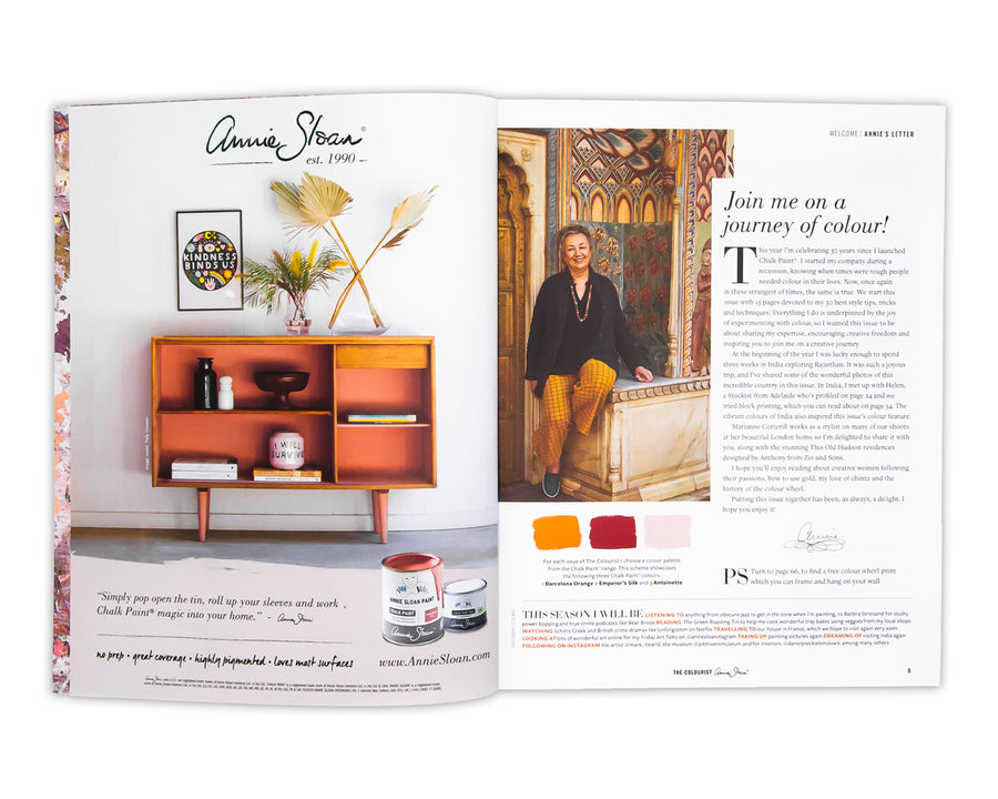 The Colourist is a unique Bookazine (editorial like a magazine, no adverts like a book) dedicated to sharing Annie Sloan’s passion for colour. It is a collectable, bi-annual publication featuring 132 carefully curated pages bound in a covetable cover.