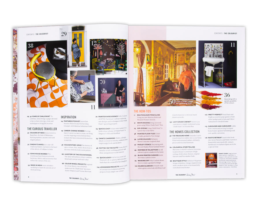 The Colourist is a unique Bookazine (editorial like a magazine, no adverts like a book) dedicated to sharing Annie Sloan’s passion for colour. It is a collectable, bi-annual publication featuring 132 carefully curated pages bound in a covetable cover.