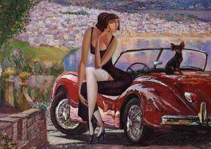 Lady and the Red Car Mint Decoupage Paper